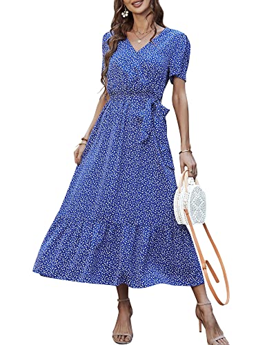 Damen Sommer Lang Kleid V-Ausschnitt Kurzarm Blumen Maxikleid A-Linie Rüschen Sommerkleid Schlitz Gürtel Boho Strandkleid Wickelkleid 2023, C Blau, S von Bequemer Laden