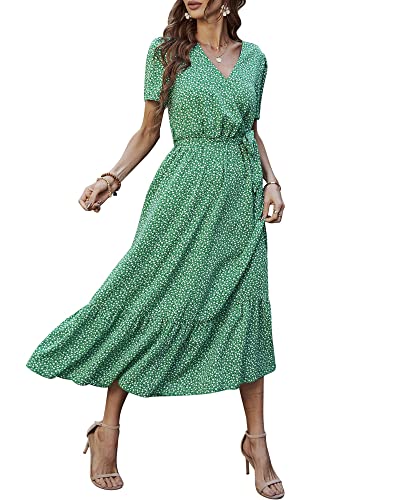 Damen Sommer Lang Kleid V-Ausschnitt Kurzarm Blumen Maxikleid A-Linie Rüschen Sommerkleid Schlitz Gürtel Boho Strandkleid Wickelkleid 2023, C Grün, S von Bequemer Laden