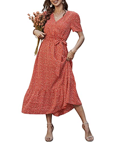 Damen Sommer Lang Kleid V-Ausschnitt Kurzarm Blumen Maxikleid A-Linie Rüschen Sommerkleid Schlitz Gürtel Boho Strandkleid Wickelkleid 2023, C Rot, XL von Bequemer Laden