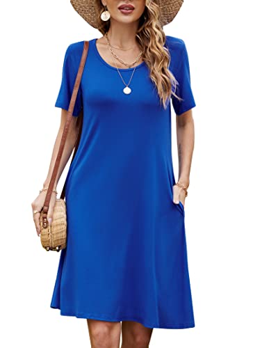 Bequemer Laden Damen Casual Sommer Tshirt Kleid Locker Rundhals Kurzarm Midi Kleider Knielang Elegant Sommerkleid Strandkleid mit Taschen, A Königsblau, L von Bequemer Laden