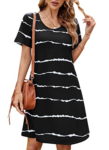 Damen Sommer Tshirt Kleid Locker Rundhals Kurzarm Midi Kleider Elegant Blumen Sommerkleid Knielang Strandkleid Lässig Midikleid Freizeitkleid mit Taschen, D Gestreift Schwarz, XL von Bequemer Laden