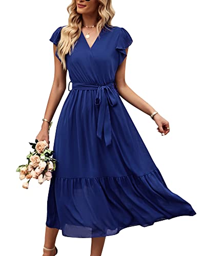 Damen Sommer Lang Kleid V-Ausschnitt Kurzarm Blumen Maxikleid A-Linie Rüschen Sommerkleid Schlitz Gürtel Boho Strandkleid Wickelkleid 2023, D Blau, L von Bequemer Laden