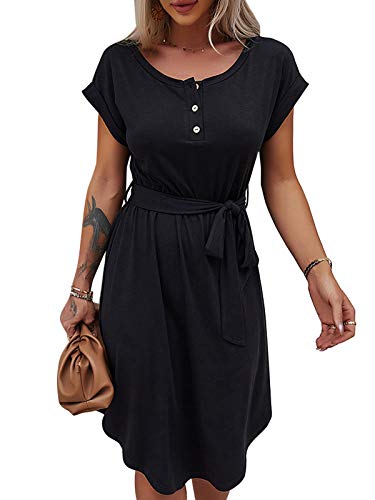 Bequemer Laden Sommer Damen Kleid Knopfleiste Kurzarm Locker Kleider Elegant Sommerkleid Strandkleid Freizeitkleid Midikleid Businesskleid mit Taille Krawatte, Schwarz, M von Bequemer Laden