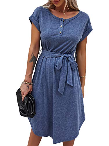 Bequemer Laden Sommer Damen Kleid Knopfleiste Kurzarm Locker Kleider Elegant Sommerkleid Strandkleid Freizeitkleid Midikleid Businesskleid mit Taille Krawatte, Blau, XL von Bequemer Laden