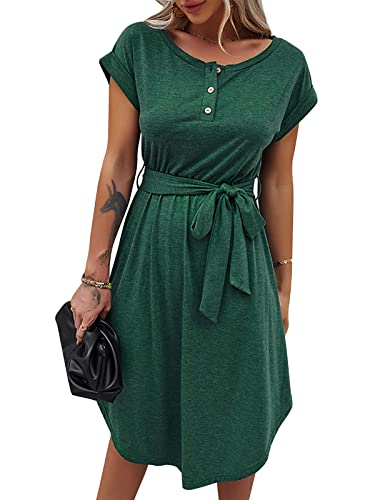 Bequemer Laden Sommer Damen Kleid Knopfleiste Kurzarm Locker Kleider Elegant Sommerkleid Strandkleid Freizeitkleid Midikleid Businesskleid mit Taille Krawatte, Dunkelgrün, M von Bequemer Laden