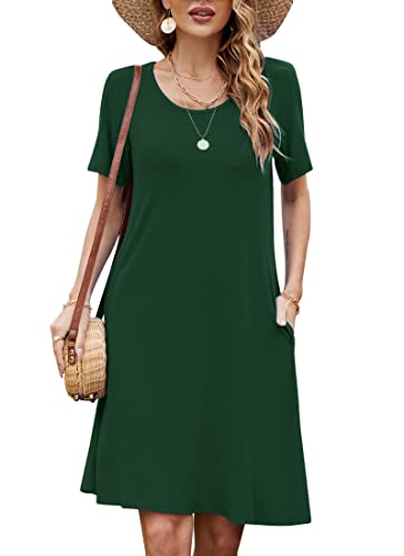 Bequemer Laden Damen Casual Sommer Tshirt Kleid Locker Rundhals Kurzarm Midi Kleider Knielang Elegant Sommerkleid Strandkleid mit Taschen, A Dunkelgrün, XL von Bequemer Laden