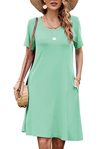 Bequemer Laden Damen Casual Sommer Tshirt Kleid Locker Rundhals Kurzarm Midi Kleider Knielang Elegant Sommerkleid Strandkleid mit Taschen, A Lichtgrün, L von Bequemer Laden