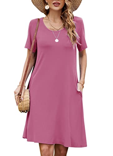 Bequemer Laden Damen Casual Sommer Tshirt Kleid Locker Rundhals Kurzarm Midi Kleider Knielang Elegant Sommerkleid Strandkleid mit Taschen, A Lila Rosa, M von Bequemer Laden