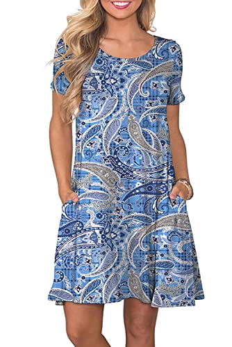 Damen Sommer Tshirt Kleid Locker Rundhals Kurzarm Midi Kleider Elegant Blumen Sommerkleid Knielang Strandkleid Lässig Midikleid Freizeitkleid mit Taschen, B Cashew Blau, M von Bequemer Laden