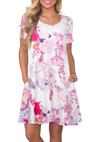 Bequemer Laden Damen Casual Sommer Tshirt Kleid Locker Rundhals Kurzarm Midi Kleider Knielang Elegant Sommerkleid Strandkleid mit Taschen, C Blumen 01, L von Bequemer Laden