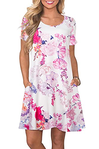 Bequemer Laden Damen Casual Sommer Tshirt Kleid Locker Rundhals Kurzarm Midi Kleider Knielang Elegant Sommerkleid Strandkleid mit Taschen, C Blumen 01, M von Bequemer Laden