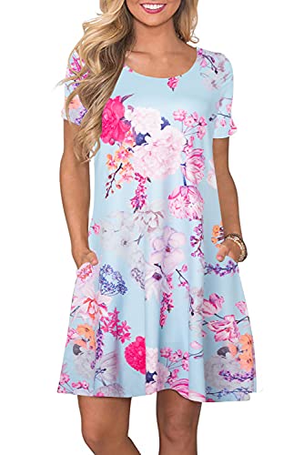 Bequemer Laden Damen Casual Sommer Tshirt Kleid Locker Rundhals Kurzarm Midi Kleider Knielang Elegant Sommerkleid Strandkleid mit Taschen, C Blumen 02, L von Bequemer Laden