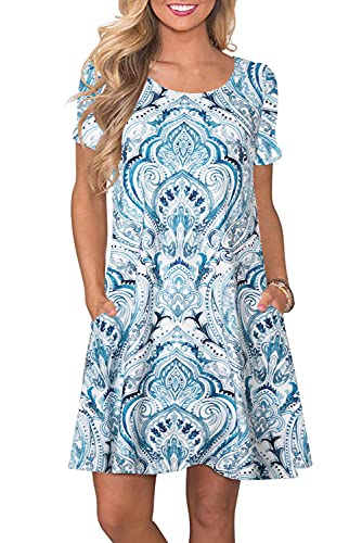 Bequemer Laden Damen Casual Sommer Tshirt Kleid Locker Rundhals Kurzarm Midi Kleider Knielang Elegant Sommerkleid Strandkleid mit Taschen, C Blumen 06, L von Bequemer Laden