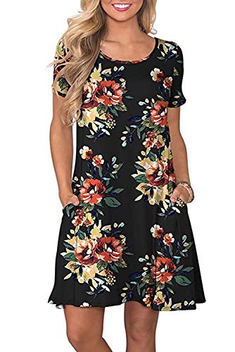 Bequemer Laden Damen Casual Sommer Tshirt Kleid Locker Rundhals Kurzarm Midi Kleider Knielang Elegant Sommerkleid Strandkleid mit Taschen, E Schwarz, L von Bequemer Laden