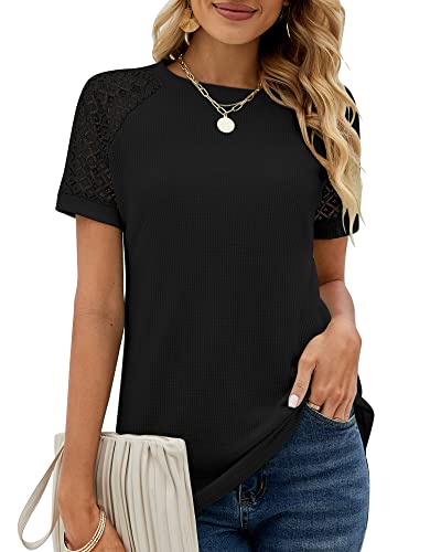 Damen Sommer Spitze Kurzarm Rundhals Tshirt Tunika Einfarbig T-Shirt Tops Locker Oberteile Bluse 2023, A Schwarz, M von Bequemer Laden