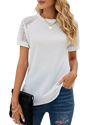 Damen Sommer Spitze Kurzarm Rundhals Tshirt Tunika Einfarbig T-Shirt Tops Locker Oberteile Bluse 2023, Weiß, XL von Bequemer Laden