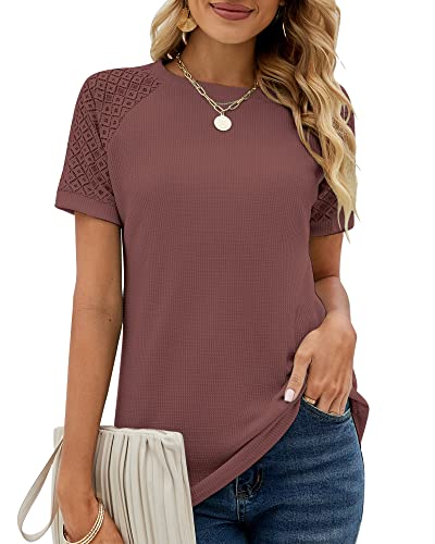 Damen Sommer Spitze Kurzarm Rundhals Tshirt Tunika Einfarbig T-Shirt Tops Locker Oberteile Bluse 2023, Ziegelrot, M von Bequemer Laden