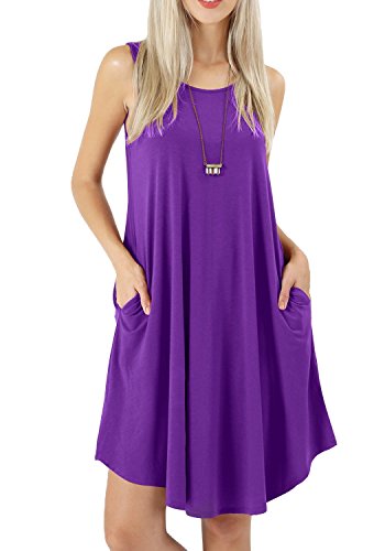 Bequemer Laden Damen Sommer Casual Ärmelloses Kleid Rundhals T-Shirt Kleider Schwingen Sommerkleid Strandkleid mit Taschen, Lila, L von Bequemer Laden