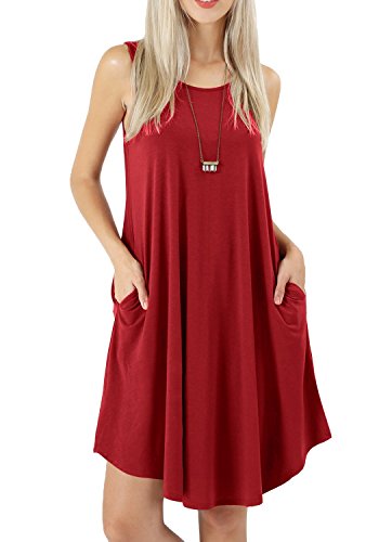 Bequemer Laden Damen Sommer Casual Ärmelloses Kleid Rundhals T-Shirt Kleider Schwingen Sommerkleid Strandkleid mit Taschen, Weinrot, M von Bequemer Laden