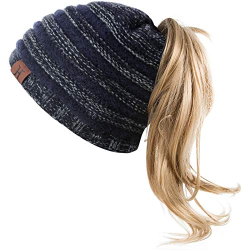 Bequemer Laden Damen Winter Warm Beanie Mütze mit Zöpfen Loch Loop Wintermütze Strickmütze mit Fleece Gefütterte (Ohne Perücke),Einheitsgröße,Dunkelblau von Bequemer Laden