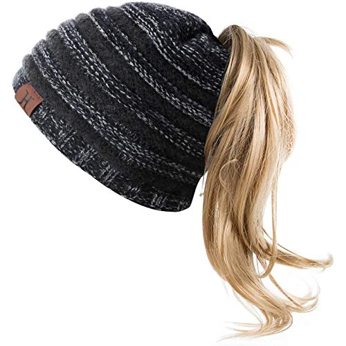 Bequemer Laden Damen Winter Warm Beanie Mütze mit Zöpfen Loch Loop Wintermütze Strickmütze mit Fleece Gefütterte (Ohne Perücke),Einheitsgröße,Schwarz von Bequemer Laden