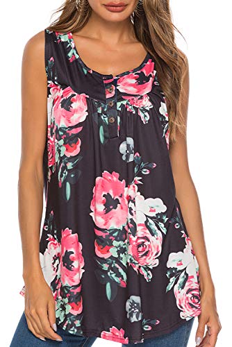 Bequemer Laden Damen T-Shirt Sommer Top Knopfleiste Bluse Einfarbig Kurzarm T-Shirt Casual Bluse Tunika Tops Blume Schwarz, M von Bequemer Laden