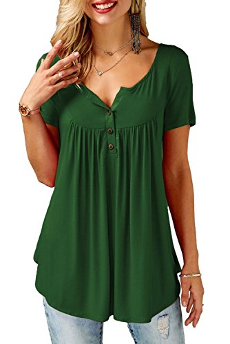 Bequemer Laden Damen T-Shirt Sommer Top Knopfleiste Bluse Einfarbig Kurzarm T-Shirt Casual Bluse Tunika Tops - S , Dunkelgrün von Bequemer Laden