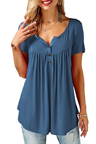 Bequemer Laden Damen Casual T-Shirt Kurzarm V-Ausschnitt Knopfleiste Bluse Longshirt Elegant Einfarbig/Blumen Tunika Oberteile Top Hemd Sommer Frühling, Blau, XL von Bequemer Laden