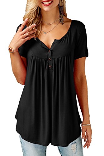 Bequemer Laden Damen Casual T-Shirt Kurzarm V-Ausschnitt Knopfleiste Bluse Longshirt Elegant Einfarbig/Blumen Tunika Oberteile Top Hemd Sommer Frühling, Schwarz, XL von Bequemer Laden