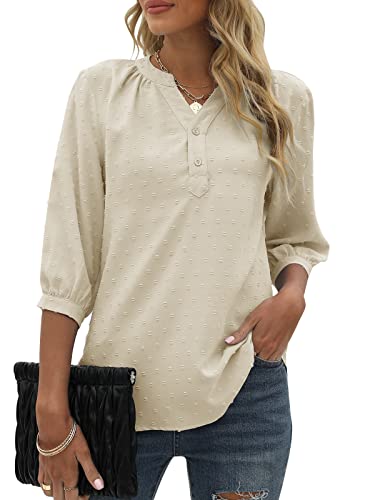 Bequemer Laden Damen V-Ausschnitt 3/4 Ärmel Bluse Knopfleiste Chiffon Tunika Casual Swiss Dot Oberteile Tshirt Tops für Sommer und Frühling 2023, Beige, M von Bequemer Laden