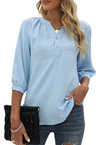 Bequemer Laden Damen V-Ausschnitt 3/4 Ärmel Bluse Knopfleiste Chiffon Tunika Casual Swiss Dot Oberteile Tshirt Tops für Sommer und Frühling 2023, Hellblau, XXL von Bequemer Laden