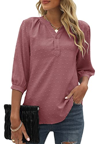 Bequemer Laden Damen V-Ausschnitt 3/4 Ärmel Bluse Knopfleiste Chiffon Tunika Casual Swiss Dot Oberteile Tshirt Tops für Sommer und Frühling 2023, Pink Rot, M von Bequemer Laden