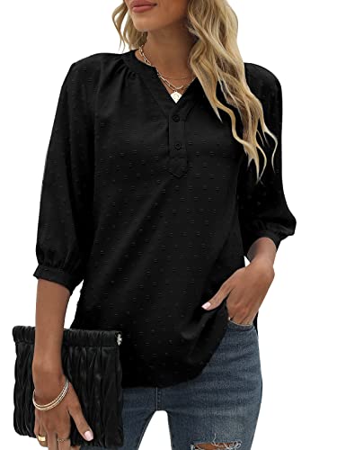 Bequemer Laden Damen V-Ausschnitt 3/4 Ärmel Bluse Knopfleiste Chiffon Tunika Casual Swiss Dot Oberteile Tshirt Tops für Sommer und Frühling 2023, Schwarz, L von Bequemer Laden