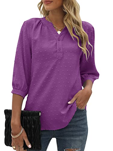 Bequemer Laden Damen V-Ausschnitt 3/4 Ärmel Bluse Knopfleiste Chiffon Tunika Casual Swiss Dot Oberteile Tshirt Tops für Sommer und Frühling 2023, Violett, L von Bequemer Laden