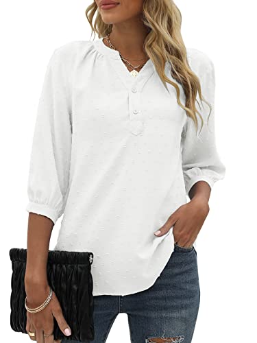 Bequemer Laden Damen V-Ausschnitt 3/4 Ärmel Bluse Knopfleiste Chiffon Tunika Casual Swiss Dot Oberteile Tshirt Tops für Sommer und Frühling 2023, Weiß, XXL von Bequemer Laden