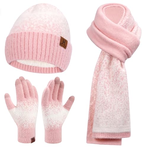 Damen Winter Warm Mütze Touchscreen Handschuhe und Lang Schal Set mit Fleece Gefütterte, Thermo Wintermütze Strickmütze Beanie Winterhandschuhe Strickhandschuhe Schals, Rosa Weiß von Bequemer Laden