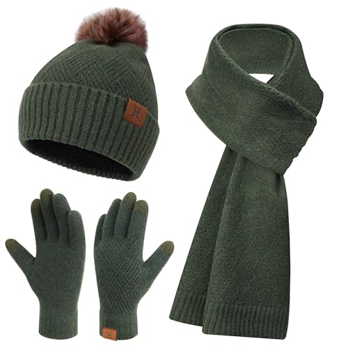 Bequemer Laden Damen Winter Warm Mütze Touchscreen Handschuhe und Lang Schal Set mit Dick Fleece Gefütterte, Thermo Wintermütze Strickmütze Beanie Schals Winterhandschuhe Strickhandschuhe, Armeegrün von Bequemer Laden