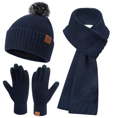 Bequemer Laden Damen Winter Warm Mütze Touchscreen Handschuhe und Lang Schal Set mit Dick Fleece Gefütterte, Thermo Wintermütze Strickmütze Beanie Schals Winterhandschuhe Strickhandschuhe, Navy Blau von Bequemer Laden