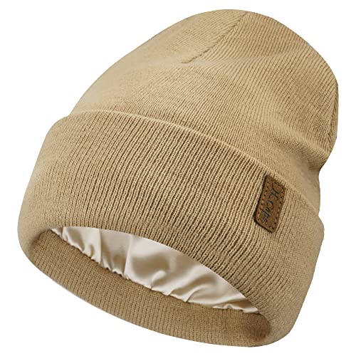 Bequemer Laden Damen Winter Warm Beanie Mütze Strickmütze mit Satin Gefüttert Thermo Wintermütze Lässig Mützen Cap, Khaki, Einheitsgröße von Bequemer Laden