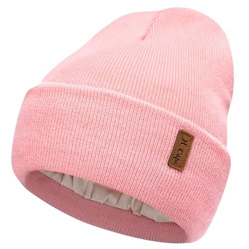 Bequemer Laden Damen Winter Warm Beanie Mütze Strickmütze mit Satin Gefüttert Thermo Wintermütze Lässig Mützen Cap, Rosa von Bequemer Laden