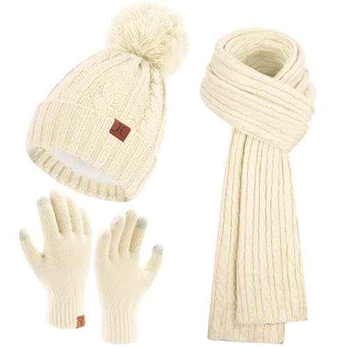 Bequemer Laden Damen Winter Warm Beanie Mütze Touchscreen Handschuhe Lang Schal Set mit Fleece Gefüttert, Thermo Wintermütze Strickmütze mit Bommel Schals Winterhandschuhe Frauen Geschenk, Aprikose von Bequemer Laden