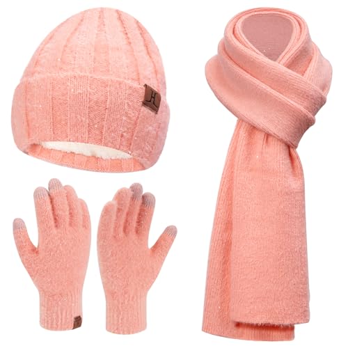 Bequemer Laden Damen Winter Warm Beanie Mütze Touchscreen Handschuhe Lange Schal Set mit Fleece Gefüttert und Pailletten, Wintermütze Strickmütze Beanie Schals für Damen und Herren, Rosa von Bequemer Laden