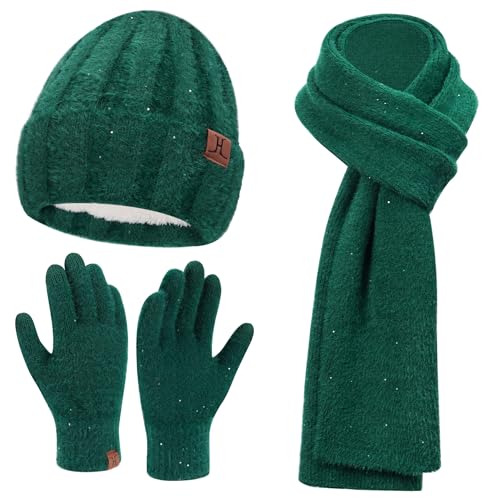 Bequemer Laden Damen Winter Warm Beanie Mütze Touchscreen Handschuhe Lange Schal Set mit Fleece Gefüttert und Pailletten, Wintermütze Strickmütze Beanie Schals für Damen und Herren, Dunkelgrün von Bequemer Laden