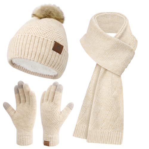 Bequemer Laden Damen Winter Warm Mütze Touchscreen Handschuhe und Lang Set mit Dick Fleece Gefütterte, Thermo Wintermütze Strickmütze Beanie Schals Winterhandschuhe Strickhandschuhe, Aprikose von Bequemer Laden