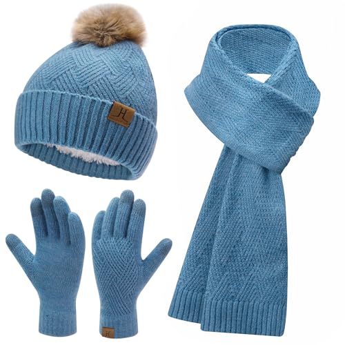 Bequemer Laden Damen Winter Warm Mütze Touchscreen Handschuhe und Lang Schal Set mit Dick Fleece Gefütterte, Thermo Wintermütze Strickmütze Beanie Schals Winterhandschuhe Strickhandschuhe, Denim Blau von Bequemer Laden