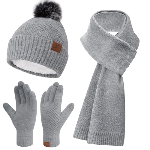 Bequemer Laden Damen Winter Warm Mütze Touchscreen Handschuhe und Lang Schal Set mit Dick Fleece Gefütterte, Thermo Wintermütze Strickmütze Beanie Schals Winterhandschuhe Strickhandschuhe, Grau von Bequemer Laden