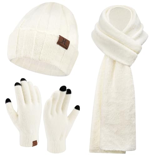 Damen Winter Warm Beanie Mütze Touchscreen Handschuhe und Lang Schal Set mit Fleece Gefütterte, Thermo Wintermütze Strickmütze Schals Winterhandschuhe Strickhandschuhe Frauen Geschenk, Weiß von Bequemer Laden