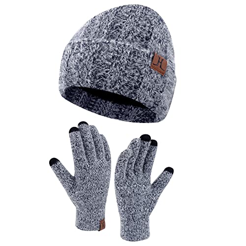 Damen Winter Warm Mütze und Touchscreen Handschuhe Set mit Fleece Gefütterte, Thermo Wintermütze Strickmütze Beanie Winterhandschuhe Strickhandschuhe, Dunkelblau von Bequemer Laden