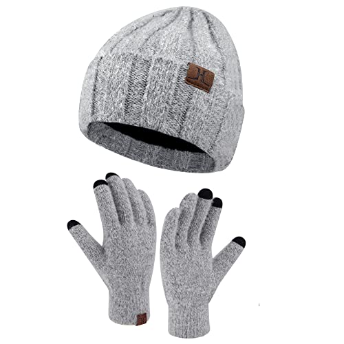 Damen Winter Warm Mütze und Touchscreen Handschuhe Set mit Fleece Gefütterte, Thermo Wintermütze Strickmütze Beanie Winterhandschuhe Strickhandschuhe, Grau von Bequemer Laden