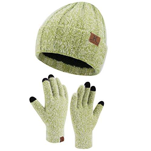 Damen Winter Warm Mütze und Touchscreen Handschuhe Set mit Fleece Gefütterte, Thermo Wintermütze Strickmütze Beanie Winterhandschuhe Strickhandschuhe, Grün von Bequemer Laden